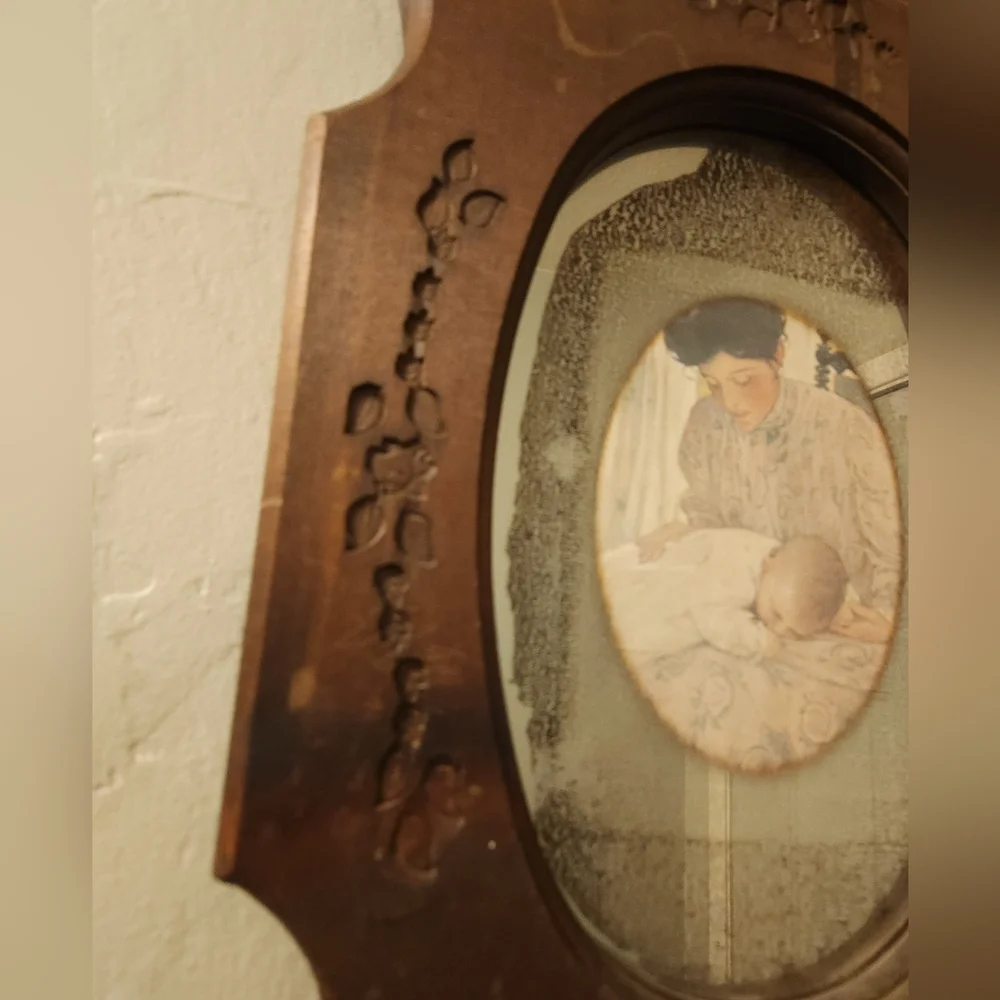 Antique 1930s Floral Etched Mirror Carved Wooden Frame